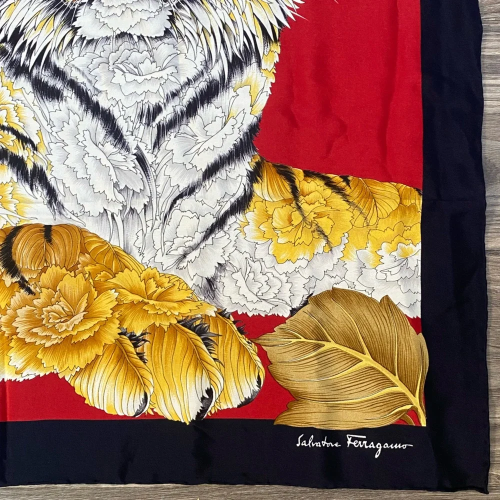 Vintage Salvatore Ferragamo Tiger Floral Square Silk Scarf - Picture 3 of 8